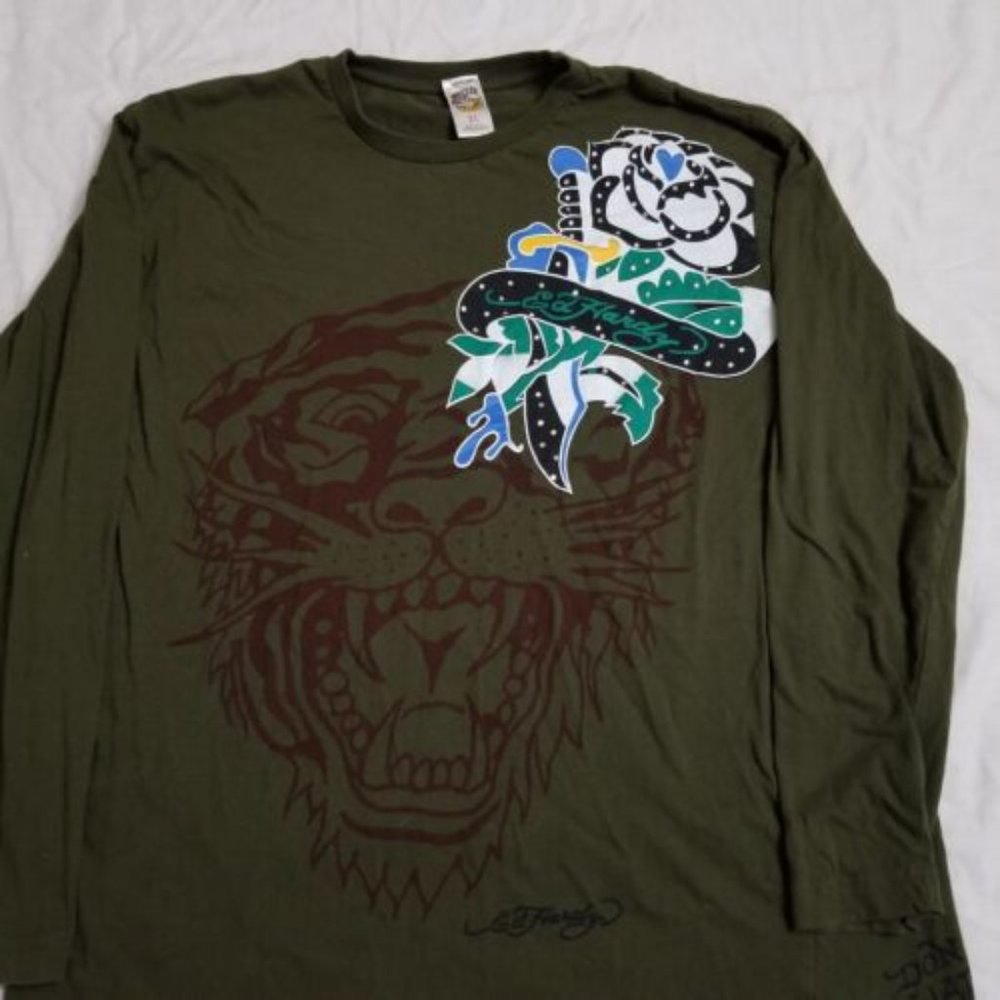 Vintae 90s Y2K Ed Hardy Tiger Rose Long Sleeve T Shirt Green Rhinestone Tattoo